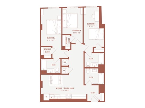 A floor plan of a house with three bedrooms and a kitchen.